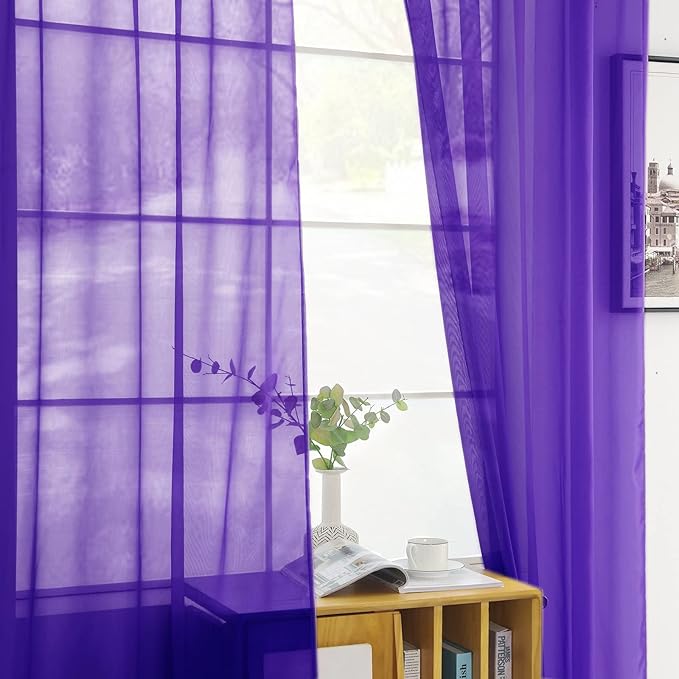 youleyar Solid Sheer Rod Pocket Curtain Voile Draperies 2 Panels White Beige Black Grey Coffee 52 Inch Width 45 Inch Long 1 Pair for Kitchen Bedroom Children Living Room Yard (Purple,52Wｘ45L)