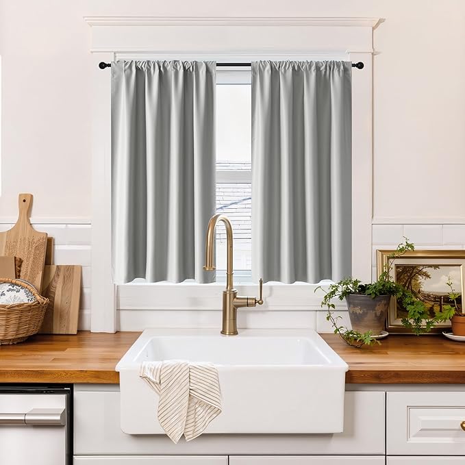 RYB HOME 100% Blackout Short Curtains for Small Window, Thermal Insulated Total Room Darkening Noise Reducing Curtains for Kitchen Bathroom Basement, 52 inches Wide by 36 inches Long, Silver Grey