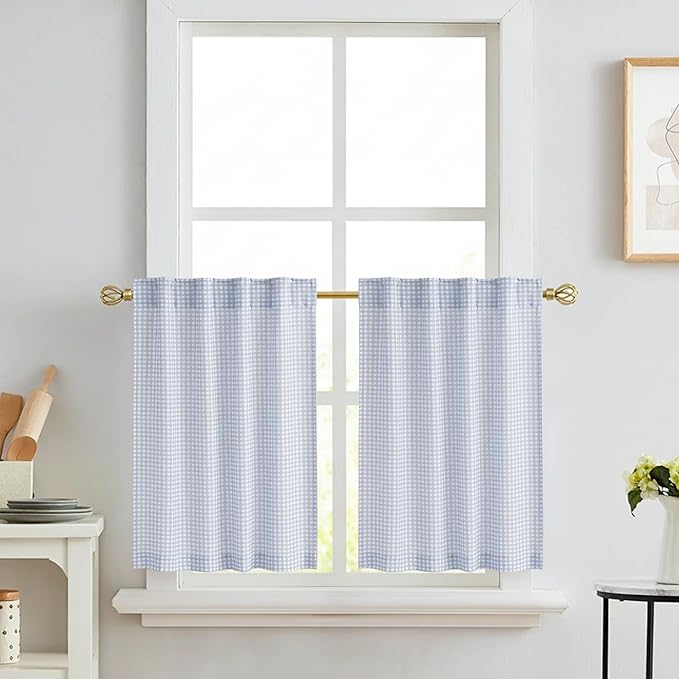 RYB HOME Checkered Cafe Curtains 24 inch Length, Linen Gingham Small Window Treatment Vintage Farmhouse Plaid Curtains Valance for Kitchen Living Room Bathroom, Blue, W26 x L24, 2 Panels