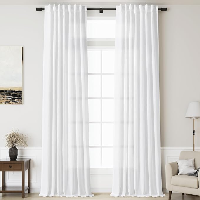 Nanspring White Linen Curtains 2 Panels Set for Living Room 192 Inches Long Back Tab Extra Long Curtains Farmhouse Light Filtering Semi Sheer Linen Drapes Ceiling to Floor for Large Window 52x192