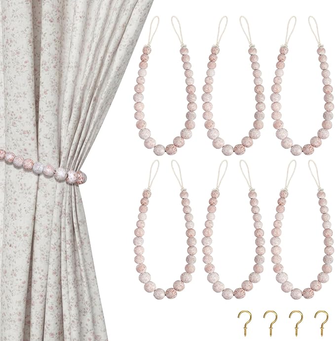 Hion 6 Pcs Boho Curtain Tiebacks,Wood Beads Curtain Holdbacks,Outdoor Farmhouse Tie Backs for Curtains,Curtain Holders for Drapes Home Office Decor with Hooks(White Washed)