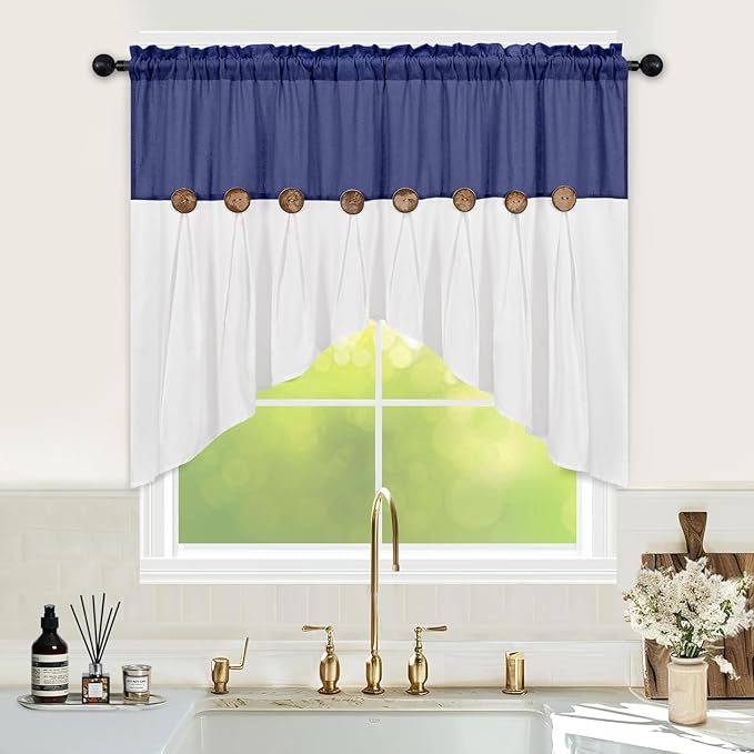 FRAMICS Farmhouse Swag Curtain, Boho Cotton Linen Valance Curtain, Navy Blue Rustic Button Window Valance for Kitchen Bathroom Bedroom, Country Rod Pocket Valances for Windows, 52 x 36 Inch