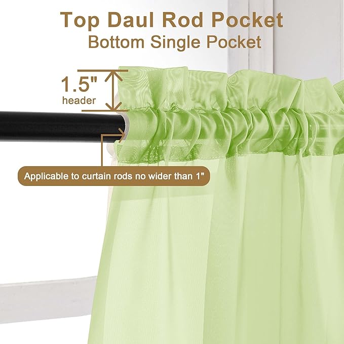 Chyhomenyc Sheer Valances for Windows, Light Filtering Small Window Curtains for Living Room Bathroom Cafe Laundry Basement, Modern Top Dual Rod Pocket Voile Curtain, 42Wx14L inches, Lime, 2 Pieces