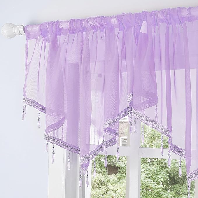 Molaxhome Swag Curtain 51 inch Length Rod Pocket Scalloped Curtain Valance Sheer Lace Panels with Hanging Crystal Beads for Kitchen Bedroom Window Treatments Drape Decor 1pc (Purple, 51Wx23L)