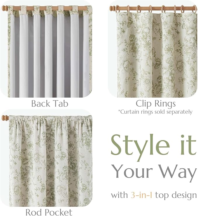 jinchan Blackout Floral Curtains for Living Room Bedroom Linen Blend Curtain Farmhouse Green Printed with Lined Back Tab Rod Pocket Drapes Window Treatments 2 Panels 84 Inch