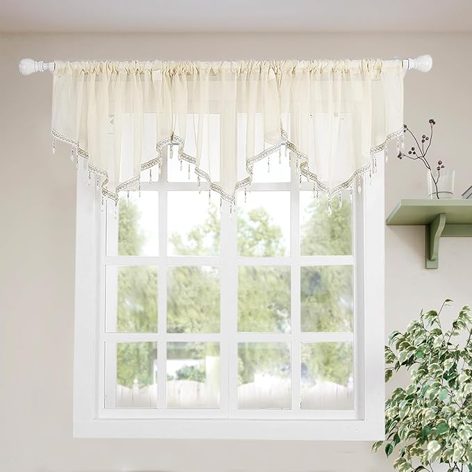 Molaxhome Swag Curtain 51 inch Length Rod Pocket Scalloped Curtain Valance Sheer Lace Panels with Hanging Crystal Beads for Kitchen Bedroom Window Treatments Drape Decor 1pc (Beige, 51Wx23L)