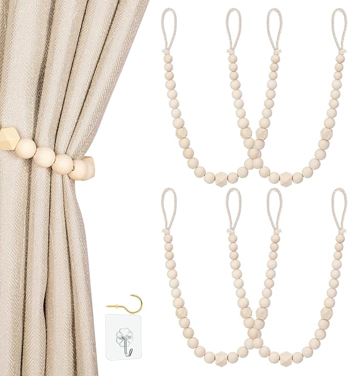 Wood Bead Curtain Tiebacks, KLOGTSIND Set of 4 Curtain Holdbacks for Thin or Thick Window Draperies, Boho Farmhouse Curtain Tiebacks with Hooks, Curtain Tie Backs for Home Office Room Decor