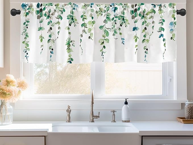 Watercolor Green Leaves Window Valance for Bedroom Living Room, Spring Summer Leaf Vine Plant Curtains Valanes for Windows, 3" Rod Pocket Window Treatment for Home Decorations, 54 x 18 Inch, 1 Pcs