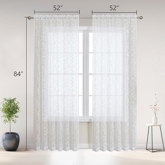 OWENIE Furman Sheer White Curtains 84 inches Long for Bedroom Living Room 2 Panels Set, White Curtains Jacquard Clip Light Filtering Semi Sheer Curtain Rod Pocket Window Drapes, Each 52Wx84L inch