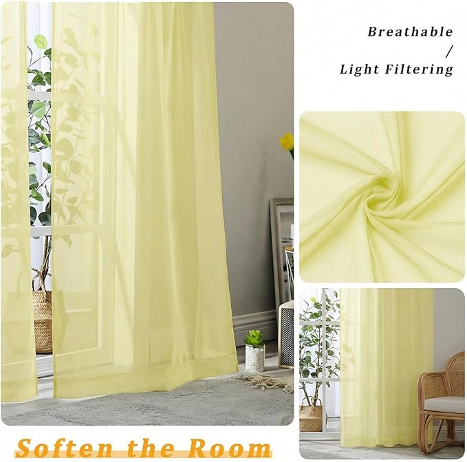 Gwine Light Yellow Sheer Curtains 72 Inches Long 2 Panels Set, Light Filtering Sheer Curtains for Living Room, Rod Pocket Window Treatments Drapes, Each 42Wx72L