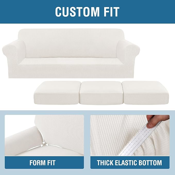 H.VERSAILTEX 4 Piece Stretch Sofa Covers for 3 Cushion Couch Covers for Living Room Furniture Slipcovers (Base Cover Plus 3 Seat Cushion Covers) Thicker Jacquard Fabric (Large Sofa, Porcelain White)