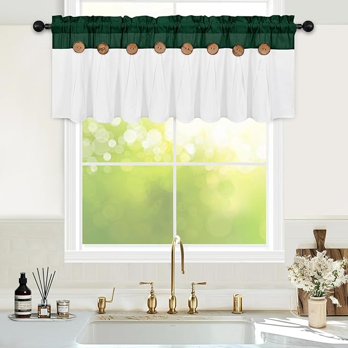 FRAMICS Farmhouse Valance Curtains, Boho Cotton Linen Kitchen Valance, Green Rustic Button Window Valances for Kitchen Bathroom, Country Rod Pocket Valances for Windows, Green and White, 52 x 18 Inch