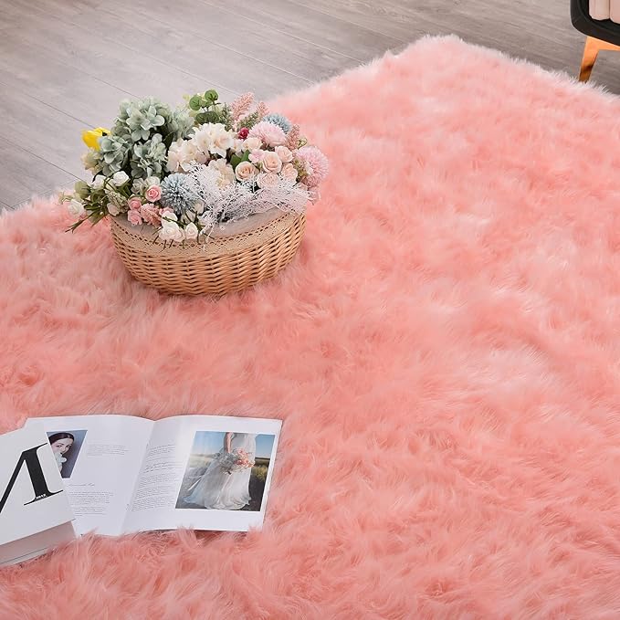 ORINOVA Pink Plush Round Rugs 6ft Large Washable Faux Fur Area Rugs for Living Room Boho Circle Fluffy Sheepskin Fur Rug for Nursery