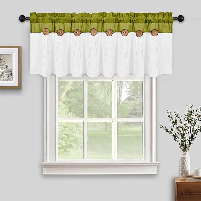 FRAMICS Farmhouse Valance Curtains, Boho Cotton Linen Kitchen Valance, Rustic Button Window Valances for Kitchen Bathroom, Rod Pocket Valances for Windows, Fresh Green and White, 52 x 18 Inch