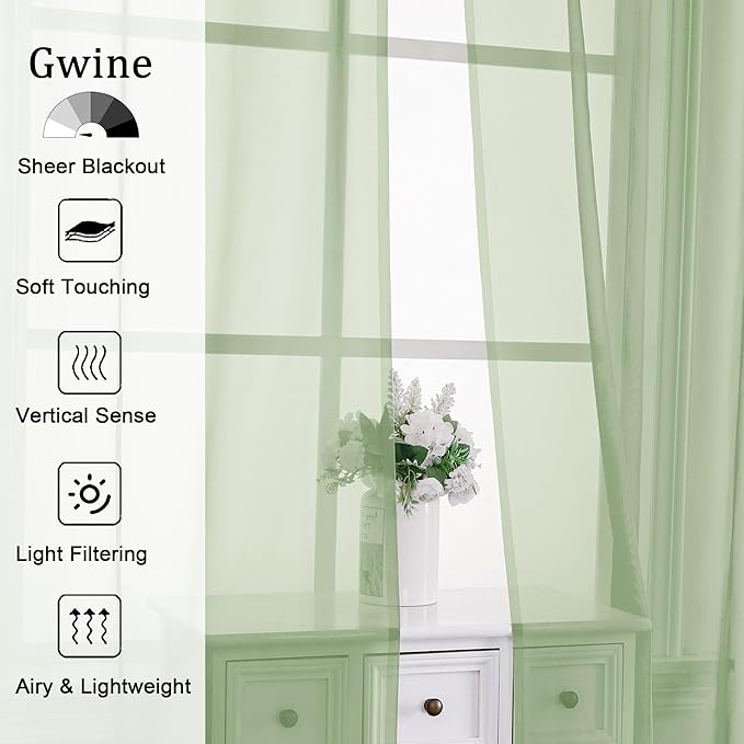Gwine Light Green Valances for Windows, Small Light Filtering Rod Pocket Cafe Valance Curtains, Soft Sheer Curtain for Bathroom Laundry Basement, 42Wx14L inch, 2 Pieces