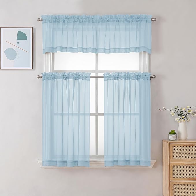 Gwine Sky Blue Valances for Windows, Small Light Filtering Rod Pocket Cafe Valance Curtains, Soft Sheer Curtain for Bathroom Laundry Basement, 42Wx14L inch, 2 Pieces