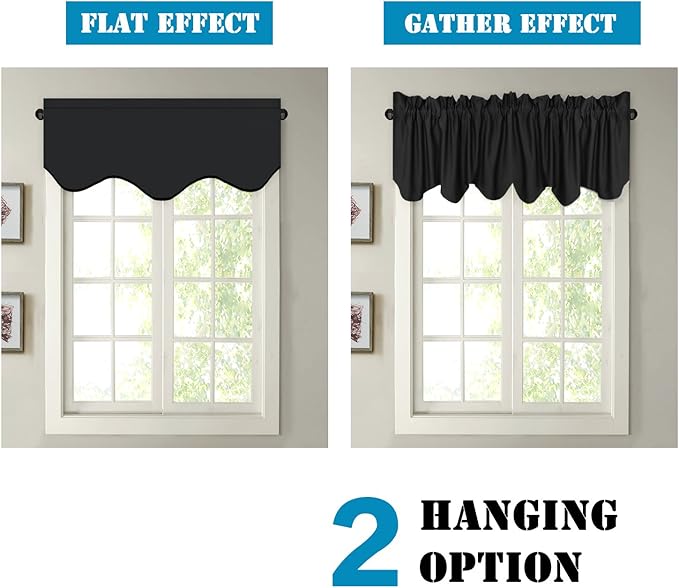 H.VERSAILTEX 4 Panels Blackout Curtain Valances for Kitchen Windows/Living Room/Bathroom Privacy Protection Rod Pocket Decoration Scalloped Window Valance Curtains, 52" W x 18" L, Black