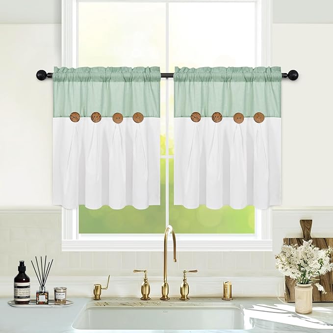 FRAMICS Boho Kitchen Curtains 24 Inch Length, Farmhouse Cotton Linen Tier Curtains, Rustic Button Short Curtains for Windows, Sage Green Country Cafe Curtains, Rod Pocket Small Window Curtains, 26x24