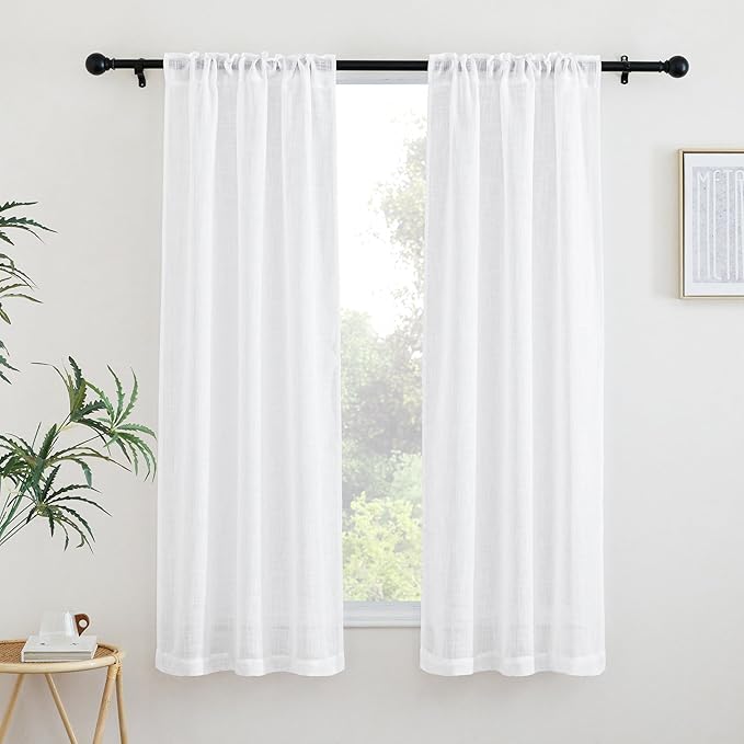 NICETOWN White Bedroom Curtains 63 inches Long, Rod Pocket & Back Tab Faux Linen Semi Sheer Window Treatments Privacy with Light Filtering for Living Room/Kids Room, W34 x L63, 2 Panels