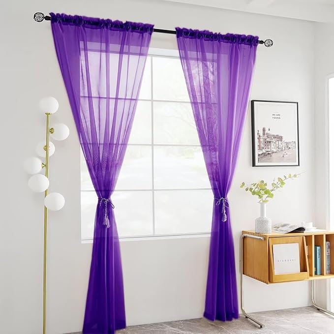 youleyar Solid Sheer Rod Pocket Curtain Voile Draperies 2 Panels White Beige Black Ivory Coffee 22 Inch Width 50 Inch Long 1 Pair for Kitchen Bedroom Children Living Room Yard(Purple,22W x 50L)