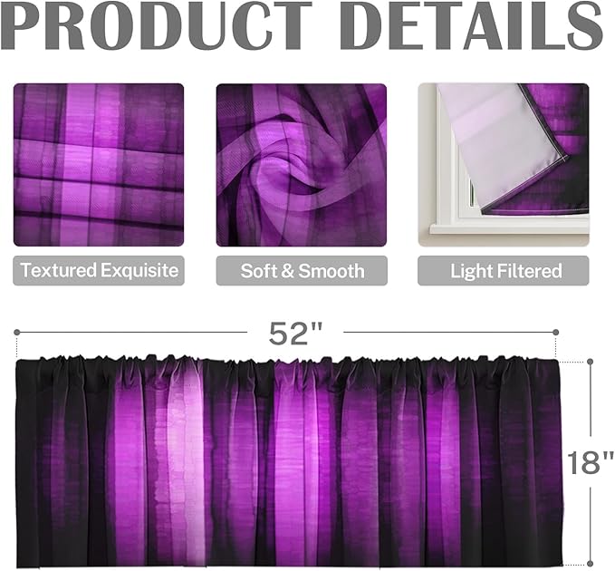 Emvency 2 Pack Valances Window Treatments, Purple Striped Abstract Glass Texture Blackout Drapes Adjustable Curtain for Windows Living Room Kitchen Over Sink, 52x18 Inch Rod Pocket Valances