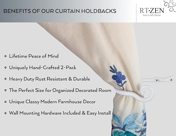 RTZEN Decorative Metal Curtain Tiebacks - Farmhouse Wrought Iron Curtain Holdbacks - Drapery Holders for Wall - Unique Metal Tie Backs for Curtains - 2 Pcs (White Classic)