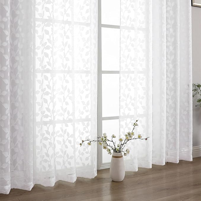 Chyhomenyc White Sheer Curtains 96 Inch Length 2 Panels Set, Light Filtering Tufted Textured Soft Airy Rod Pocket Gentle Leaf Window Treatment Drapes for Bedroom Living Room, 42" Wx96 L, 2PCS