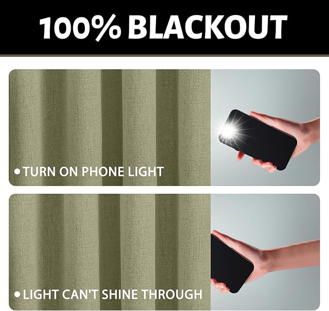 Yakamok Sage Green Linen Curtains 100% Blackout 96 Inches Long,Room Darkening Textured Curtains for Living Room Thermal Grommet Bedroom Curtain 2 Panels with Greyish White Liner