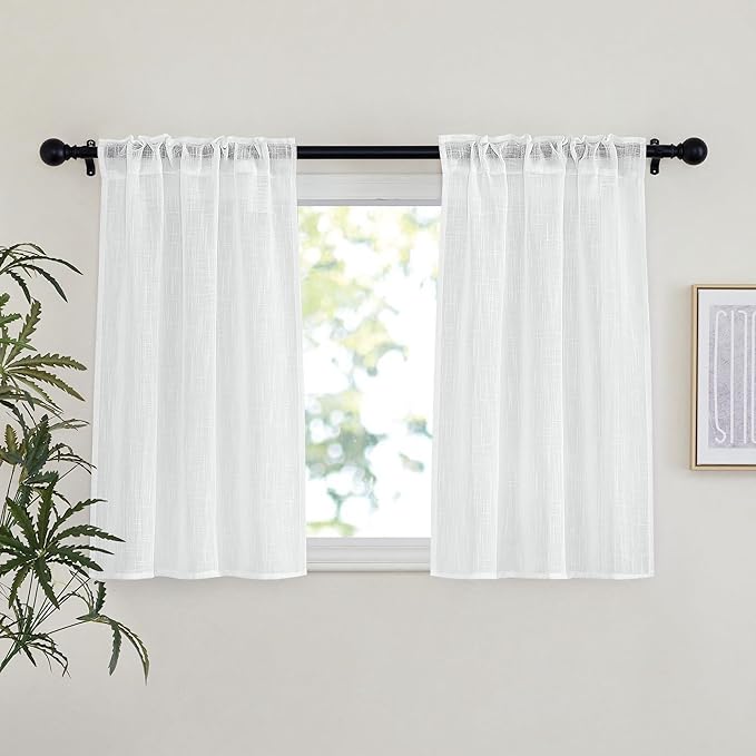 NICETOWN White Semi Sheer Kitchen Curtains 36 inch Length, Rod Pocket & Back Tab Faux Linen Blend Privacy with Light Filtering Window Drapes for Cafe, W34 x L36, 2 Panels