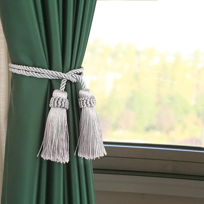 Fenghuangwu Curtain Tiebacks Handmade Decorative Curtain Holdbacks Rope with Tassel (Silver, 4P)