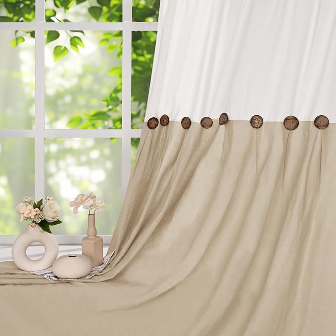 FRAMICS Farmhouse Cotton Linen Curtains for Living Room, Boho Button Curtains 84 Inch Length 2 Panels, Rustic Country Linen Window Curtain for Bedroom Rod Pocket Drapes, 52 x 84 Inch, White and Linen