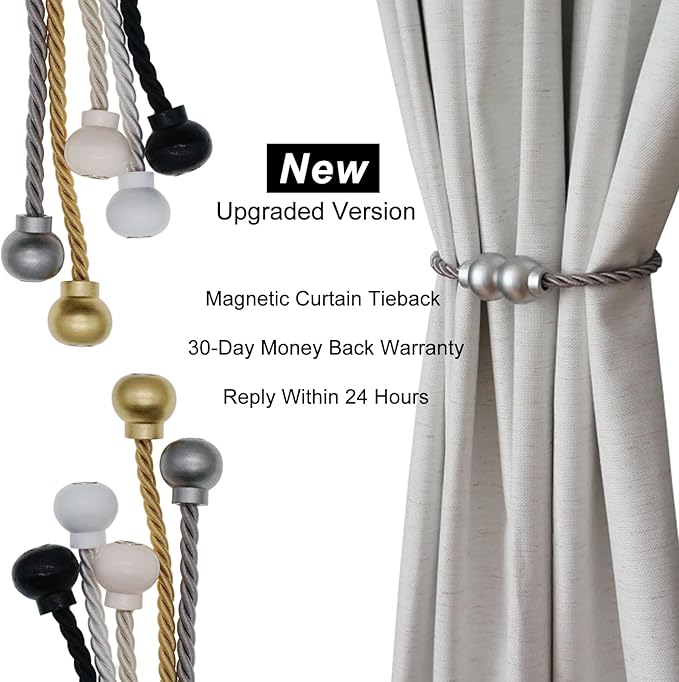 2 Pack Magnetic Curtain Tiebacks Modern Handmade Rope Curtain Tie Backs Decorative Drapes Weave Holdbacks for Home Outdoor Bedroom Office Decorative Curtain, Grey