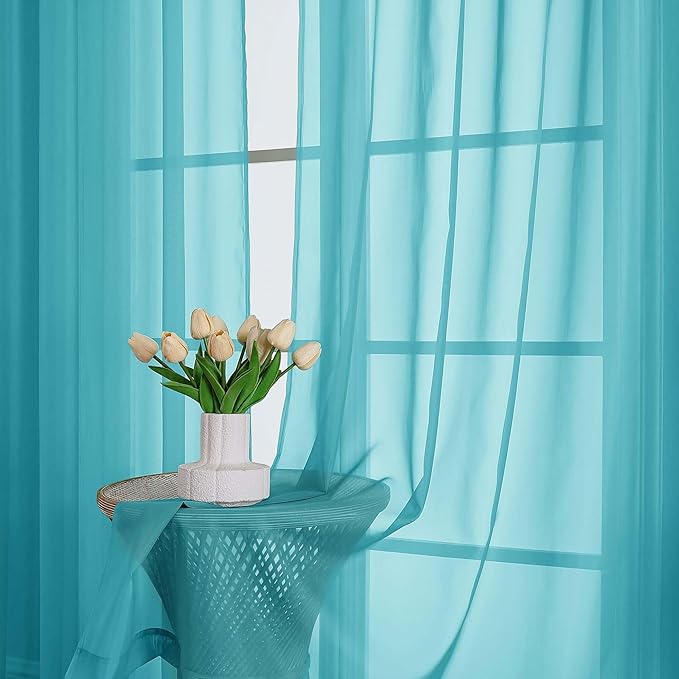Lecloud Turquoise Sheer Curtains 63 Inch Length 2 Panels, Voile Light Filtering Living Room Curtains for Bedroom, Rod Pockets Solid Soft Drapes for Bathroom Home Office, Each Panel 59" W x 63" L