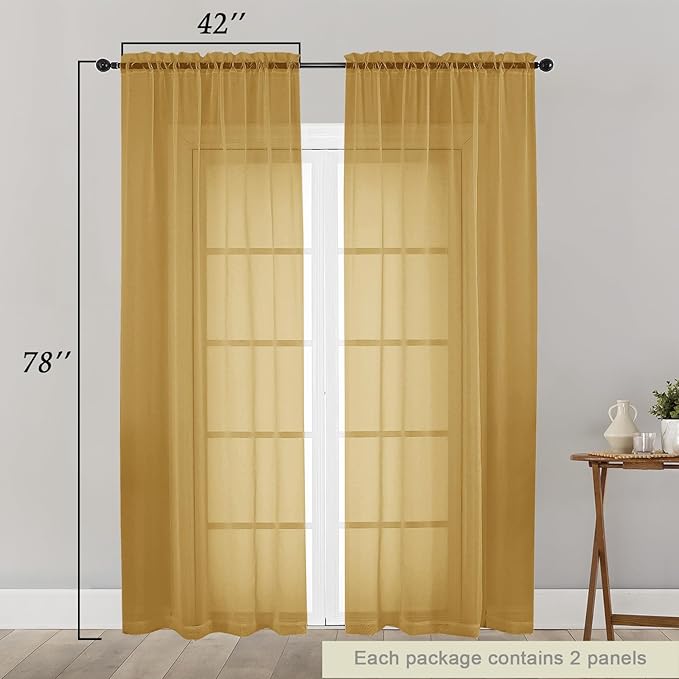 Gold Sheer Curtain for Bedroom Living Room 78 Inches Long 2 Panels Set, Solid Soft Airy Light Filtering Sheer Window Curtains, Modern Rod Pocket Door Curtain, Gold, 42" Wx78 L Inches