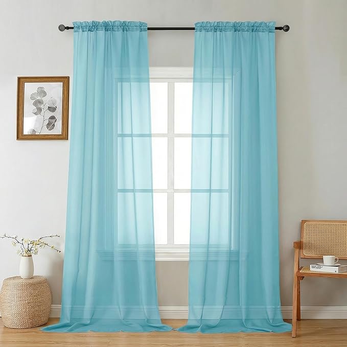 Gwine Sheer Curtains 96 Inches Long - Light Filtering Rod Pocket Window Curtain Panels for Bedroom, Elegant Soft Voile Living Room Sheer Drapes, Each 42Wx96L, 2 Panels, Aqua