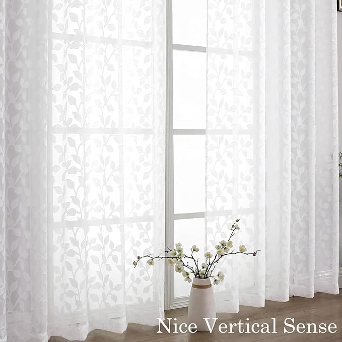 Chyhomenyc Extra Long White Sheer Curtains 108 Inch Length 2 Panels Set, Light Filtering Tufted Textured Soft Airy Rod Pocket Gentle Leaf Window Treatment Drapes for Living Room, 52" Wx108 L, 2PCS