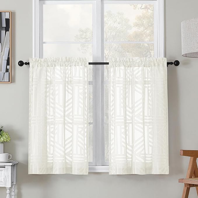 Simplebrand Semi Sheer Ivory Curtains 36 Inch Length 2 Panels, Geometric Jacquard Clip Textured Short Sheer Curtains for Bedroom，Modern Elegant Window Curtains Panels/Drapes/Treatment，30x36 inch