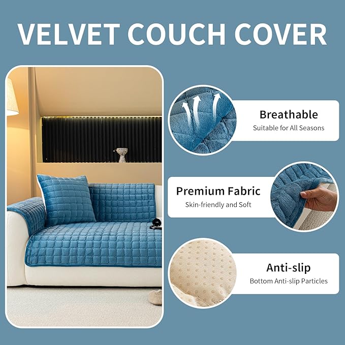 Velvet Couch Cover, Plush Sectional Sofa Cover Washable, Anti Slip Sofa Slipcover for Loveseat, Furniture Protector Covers for Pets & Kids(1PC, Black, 35.4"×47.2", Loveseat)