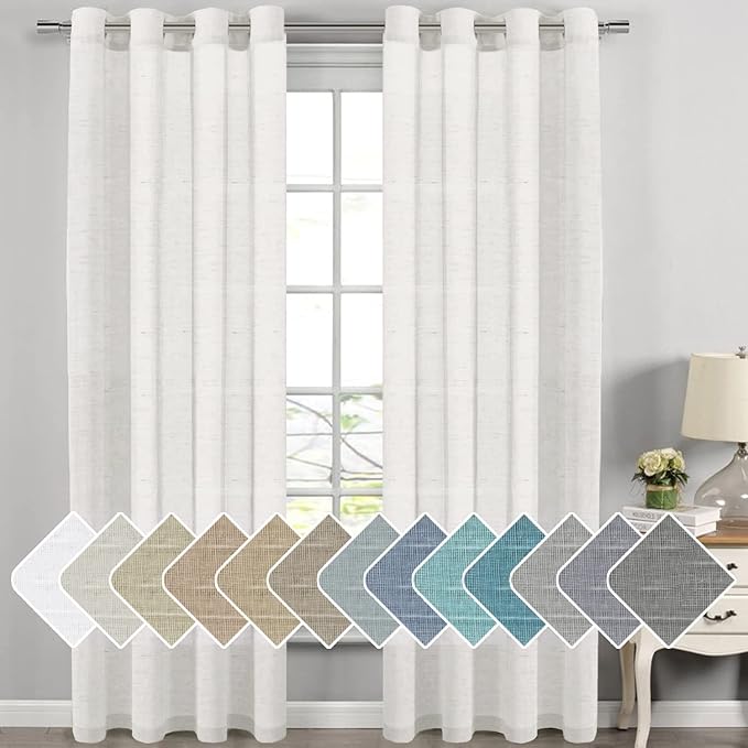 H.VERSAILTEX White Linen Curtains Flax Linen Blended Curtain Panels for Living Room/Bedroom Semi Sheer Privacy Curtains 108 inch Length 2 Panels Set Nickel Grommet Window Drapes, White