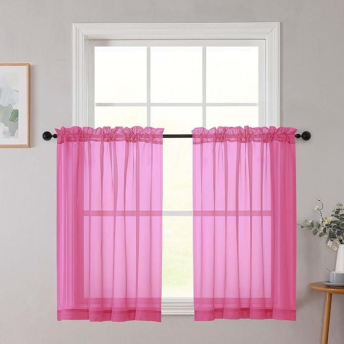 Cafe Curtains 36 Inch Length Tier 2 Pieces, Modern Soft Airy Sheer Kitchen Short Curtains for Small Window, Rod Pocket Small Curtain for Bathroom Basement, Hot Pink, Each, 42" Wx36 L Inches