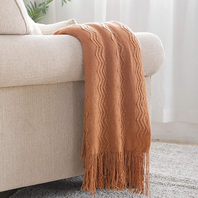 BOURINA Almond Throw Blanket 50 x90 Inches Throw Textured Solid Soft Sofa Throw Bed Runner Couch Cover Knitted Decorative Blanket Bed Runner