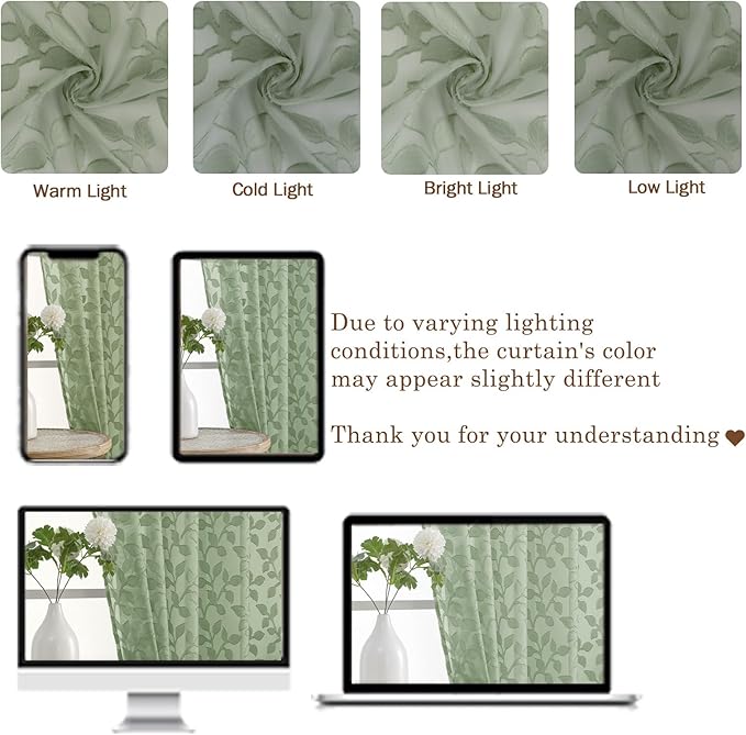 Chyhomenyc Sage Green Sheer Curtains 96 Inch Length 2 Panels Set, Light Filtering Tufted Textured Soft Airy Rod Pocket Gentle Leaf Window Treatment Drapes for Bedroom Living Room, 52" Wx96 L, 2PCS