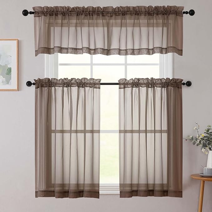 Chocolate Kitchen Curtains 30 Inch Length Tier 2 PCS, Solid Soft Airy Half Curtains for Windows, Sheer Rod Pocket Drapes for Bathroom Basement Small Window Curtain, Chocolate, 42"Wx30"L Inch