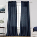 Nanspring Navy Blue Curtains 80 Inches Length for Living Room Back Tab Rod Pocket Semi Sheer Linen Drapes Muted Neutral Boho Indigo Blue Linen Textured Window Curtain for Dining Room 52X80 Inch