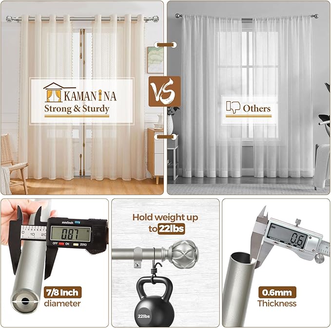 KAMANINA 2 Pack Curtain Rods for Windows 48 to 84 Inch, Antique Silver Heavy Duty Curtain Rod Adjustable, 7/8 Inch Single Decorative Drapery Rods 32 to 86 Inch(2.6-7.1Ft), Netted Texture Finials