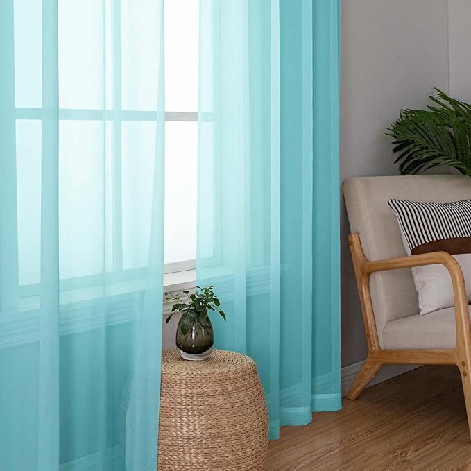 Lecloud Aqua Sheer Curtains for Living Room 96 Inches Long 2 Pcs, Dual Rod Pockets Light Filtering Airy Home Decor Window Curtains for Bedroom, Solid Color Voile Drapes, Each Panel 42" W x 96" L