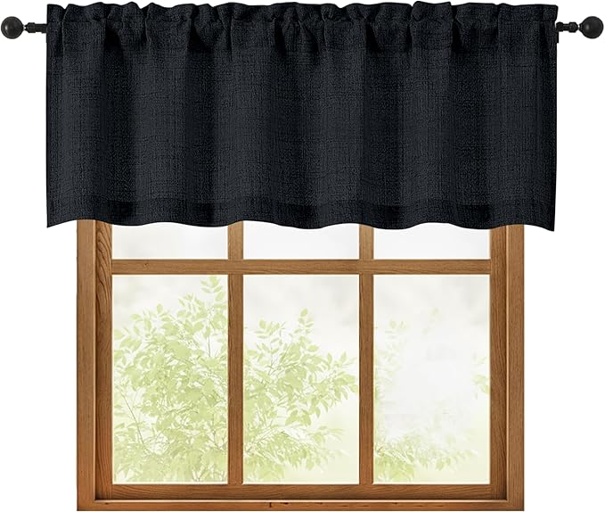 OWENIE Black Valances for Windows 1 Pcs 18 Inch Length, Light Filtering Textured Short Small Valance Curtains for Bathroom Basement Living Room Bedroom, Half Window Curtains Over Sink, 60" W by 18" L