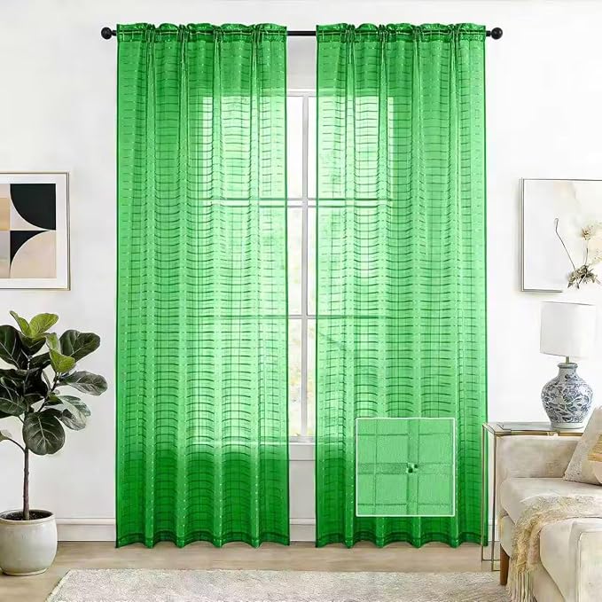 SpaceDresser Check Sheer Curtains 72 Inches 2 Panels Set, Rod Pocket Plaid Window Curtain for Living Room, Green Semi Sheer Drapes for Kitchen Bedroom Children Room Yard（Green, 52W x 72L）