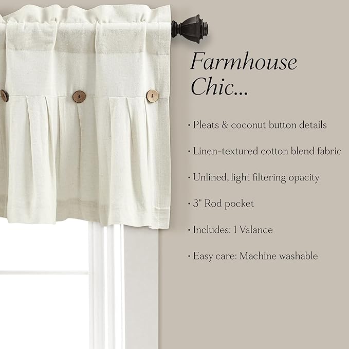 Lush Decor Linen Button Farmhouse Valance Curtians 52"W x 18"L Off White - Linen Valances For Windows - Kitchen Curtains Valances - Bathroom Curtain