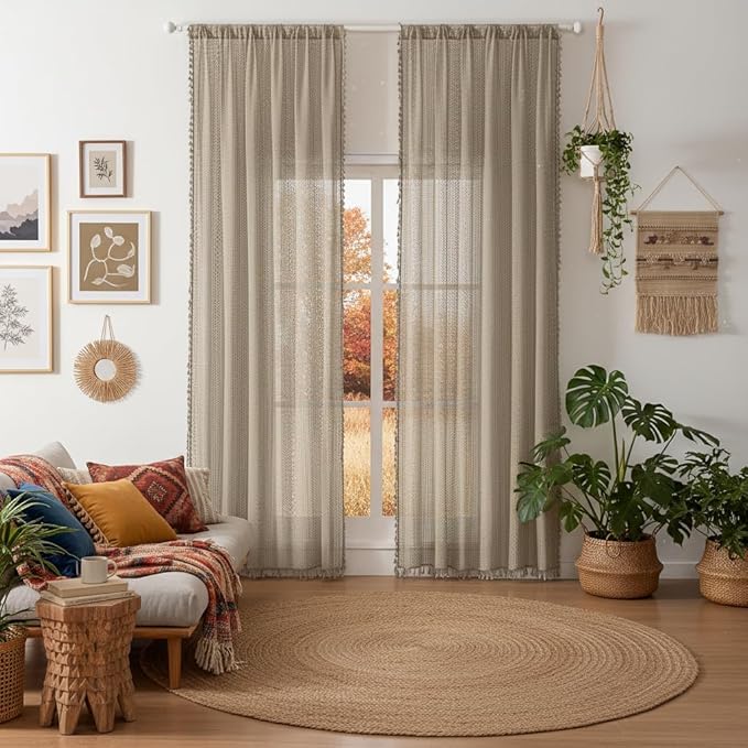 WAZZIO Boho Lace Curtains 84 Inches 2 Panel,Light Filtering Privacy Tassel & Geometry Crochet Semi Sheer Curtain Drapes for Bedroom Living Dining Room,Rod Pocket & Tassel,Earthy Color Taupe